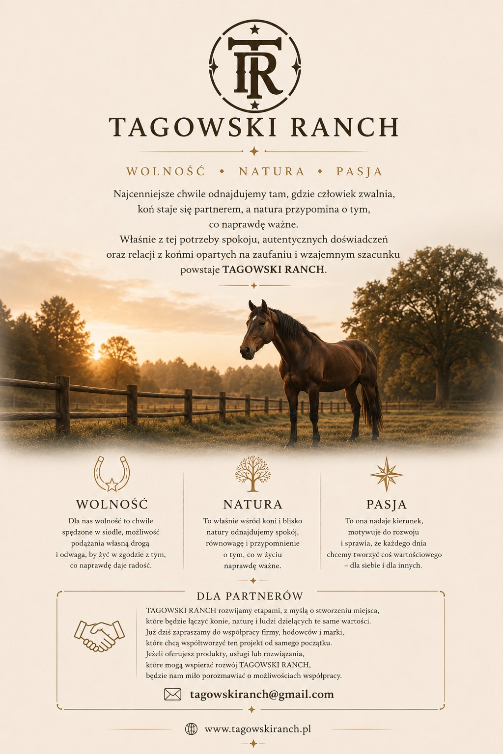 Tagowski Ranch - Wolność Natura Pasja, koń na tle rancza oraz zaproszenie dla partnerów